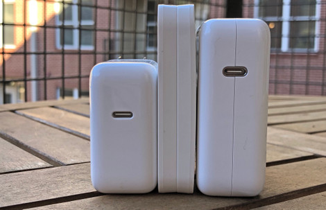 From left to right: Apple 30W USB-C charger, RAVPower 45W USB-C charger, Apple 61W USB-C charger